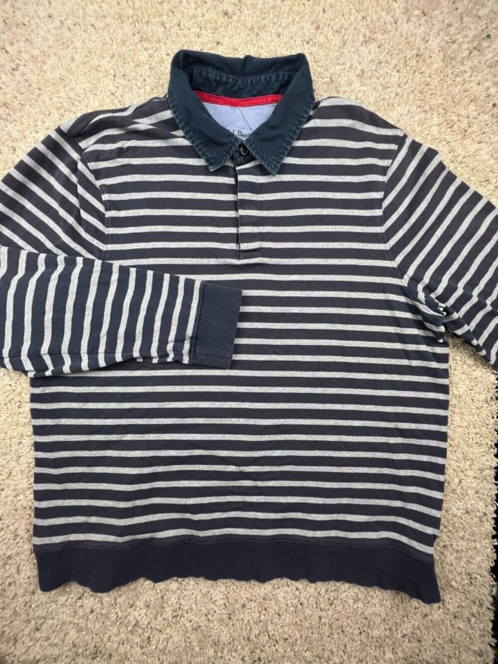 LL Bean Polo Shirt Mens XL Reg Long Sleeve Collared Blue Gray Cotton Striped